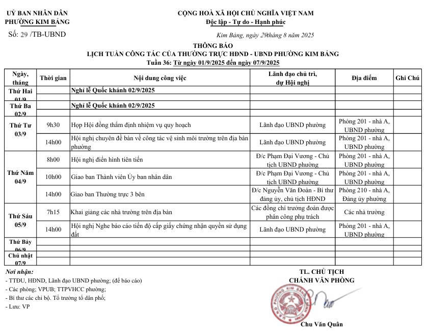 THÔNG BÁO  LỊCH TUẦN CÔNG TÁC CỦA THƯỜNG TRỰC HĐND - UBND PHƯỜNG KIM BẢNG