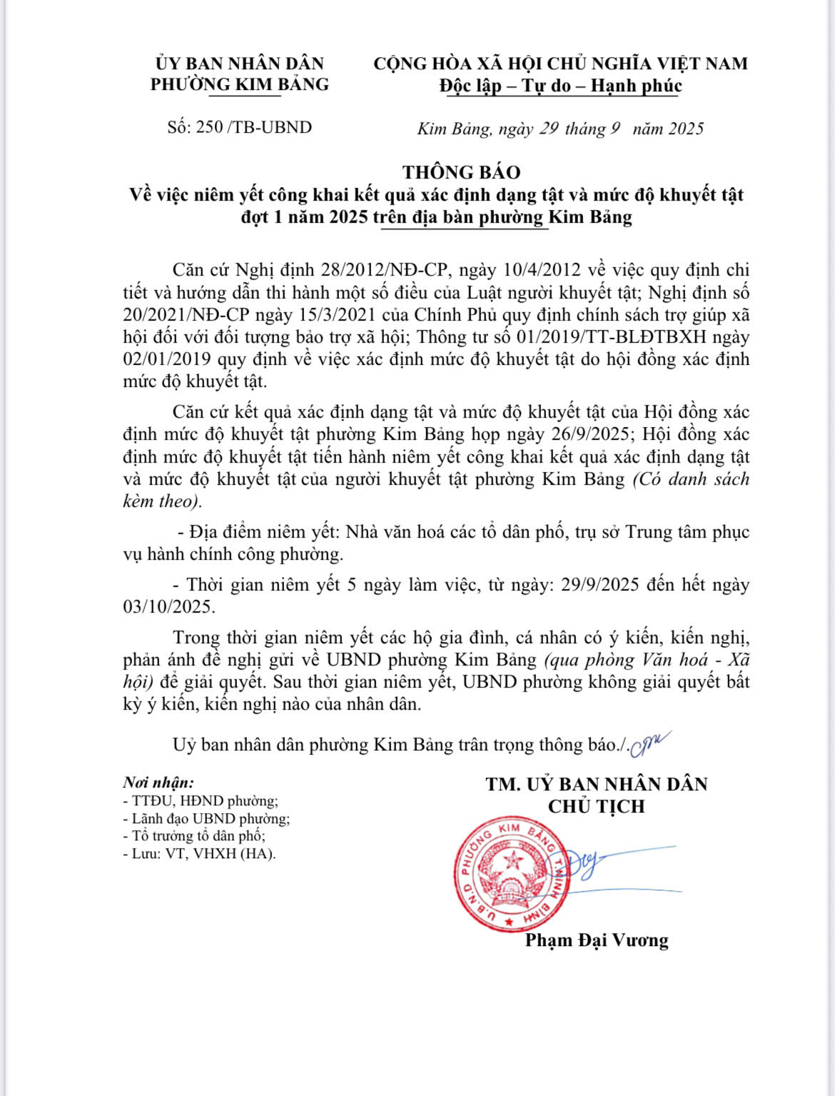 THÔNG BÁO về việc niêm yết công khai kết quả xác định dạng tật và mức độ khuyết tật đợt 1 năm 2025 trên địa bàn phường Kim Bảng