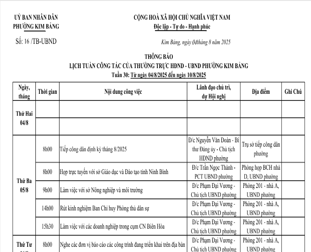 THÔNG BÁO  LỊCH TUẦN CÔNG TÁC CỦA THƯỜNG TRỰC HĐND - UBND PHƯỜNG KIM BẢNG  