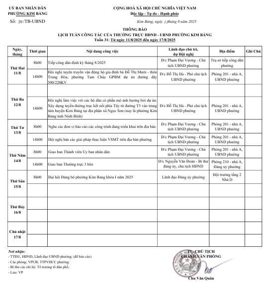 THÔNG BÁO  LỊCH TUẦN CÔNG TÁC CỦA THƯỜNG TRỰC HĐND - UBND PHƯỜNG KIM BẢNG